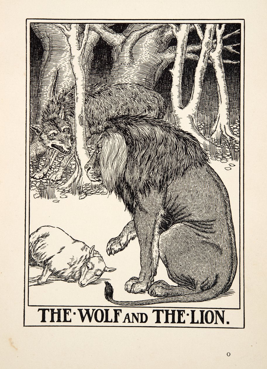 狼和狮子，选自《伊索的一百个寓言》，1903年出版（雕刻）。 作者 珀西·比林斯赫斯特（Percy J.