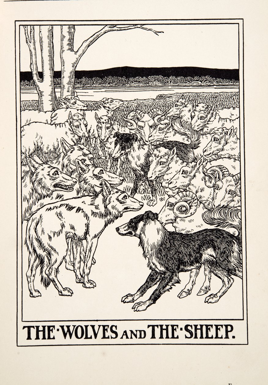 狼和羊》，选自《伊索的一百个寓言》，1903年出版（雕刻）。 作者 珀西·比林斯赫斯特（Percy J.