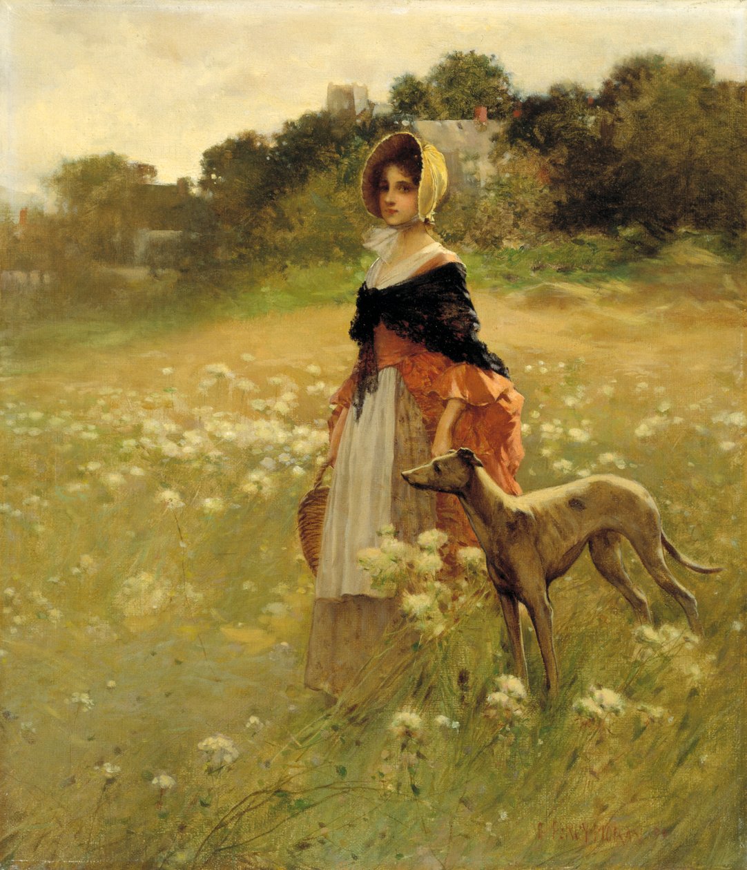 年轻女孩和狗，1890年。 作者 珀西·莫兰