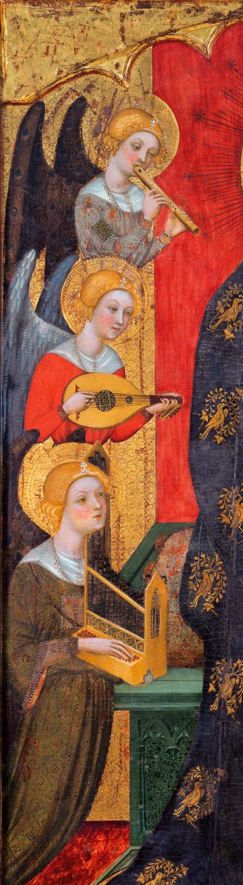 天使奏乐的圣母（细节）--佩雷-塞拉（Pere Serra，约 1357-1406 年活跃）的画作，约 1380 年 - 画板上的钢笔画 - 巴塞罗那加泰罗尼亚国家艺术博物馆 作者 佩雷塞拉