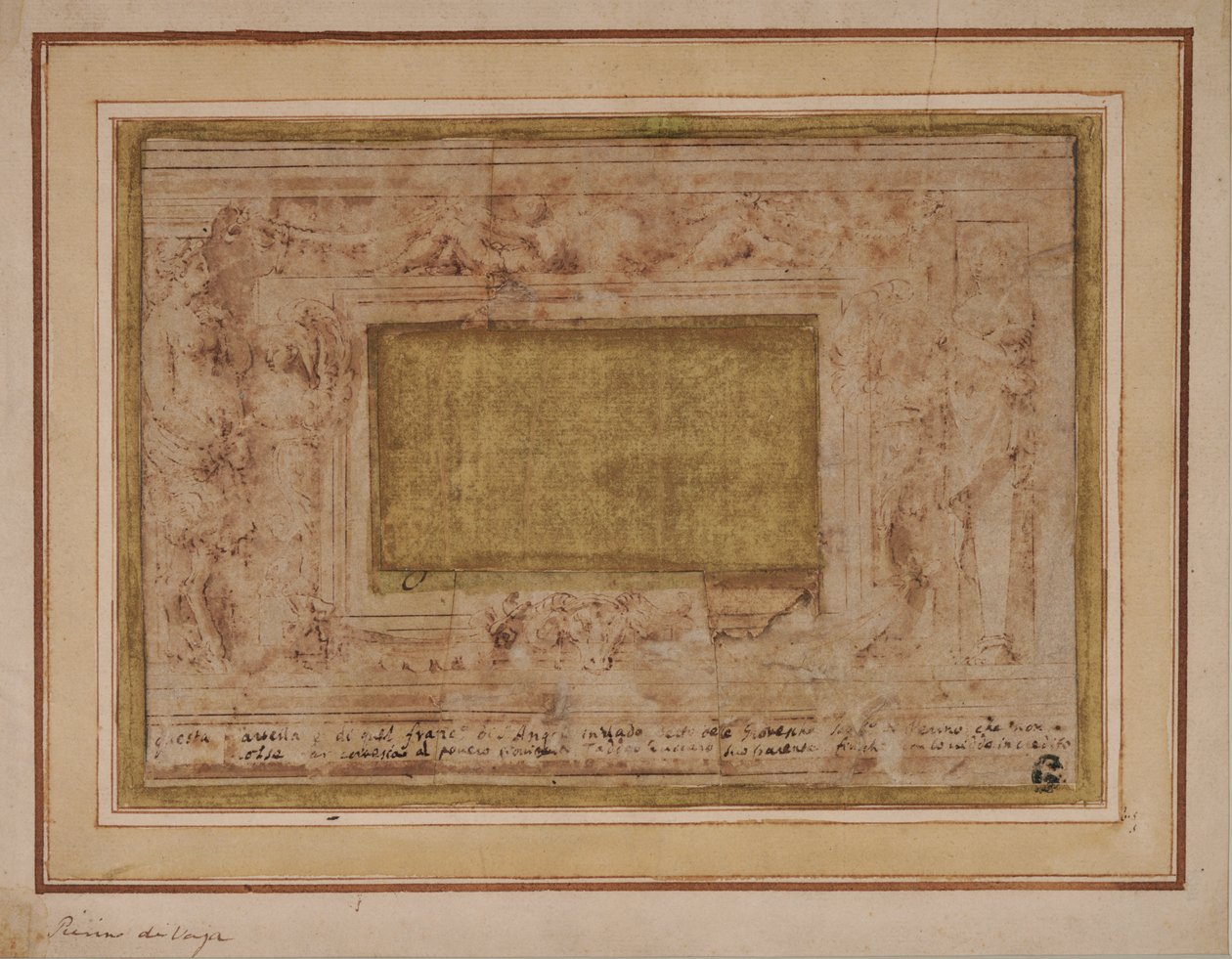 带女像柱、饰物和 Putti 的灰泥框架设计 作者 佩里诺·德尔·瓦加（Perino del Vaga）