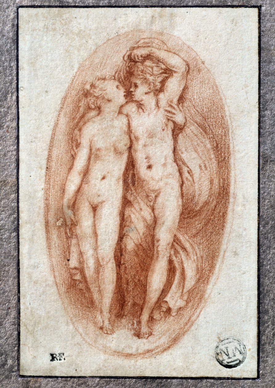 情侣拥抱。 由 Pietro Buonaccorsi (1500-1546 / 47) 也称为 Pierino del Vaga 绘制的 la sanguine 作者 佩里诺·德尔·瓦加（Perino del Vaga）