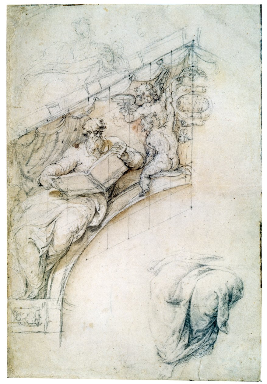 用先知和两个Puttos装饰入口拱门上的墙，c1525 作者 佩里诺·德尔·瓦加（Perino del Vaga）