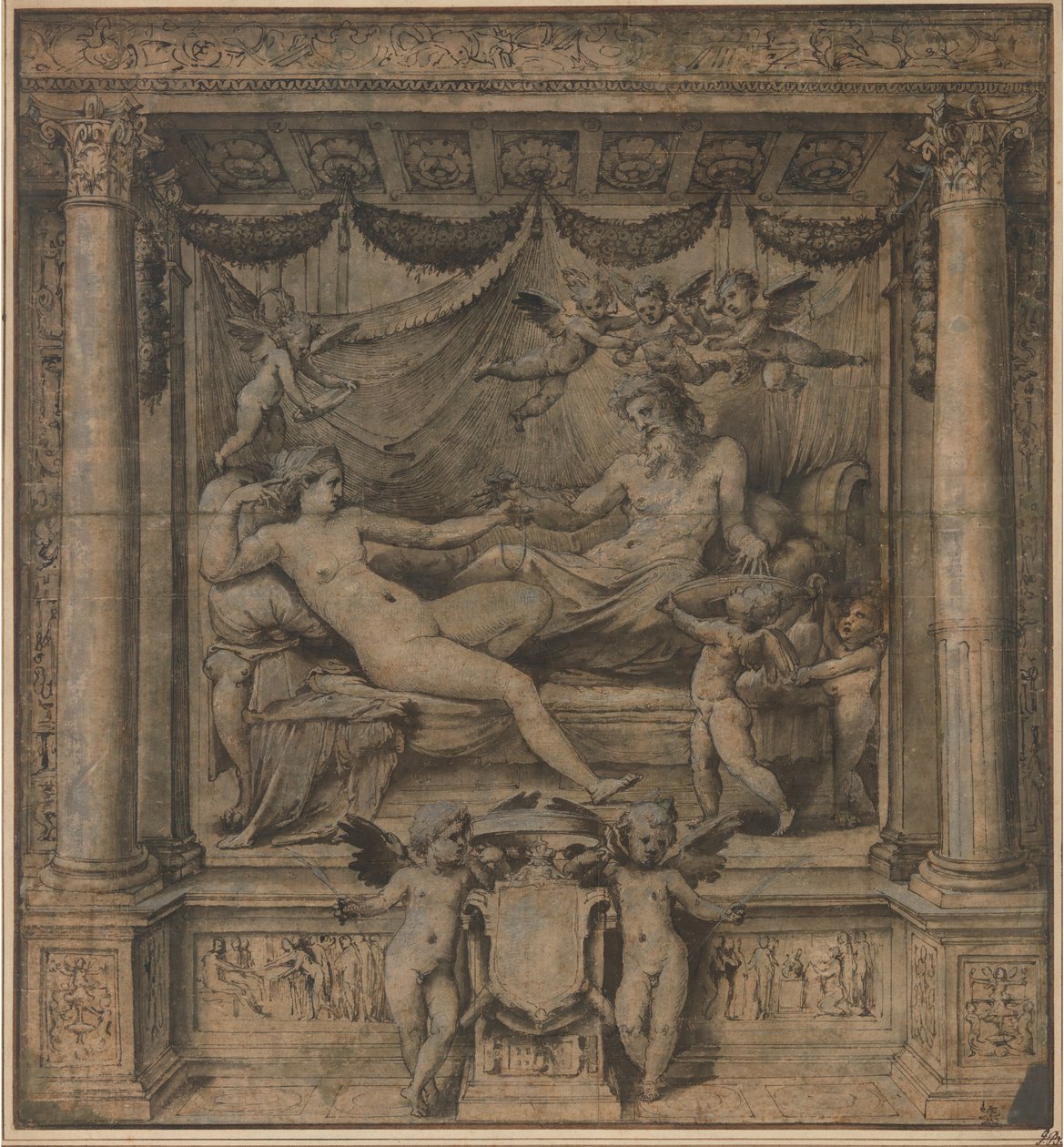 朱庇特和朱诺："Furti di Giove "挂毯的研究，约1532-35。 作者 佩里诺·德尔·瓦加（Perino del Vaga）