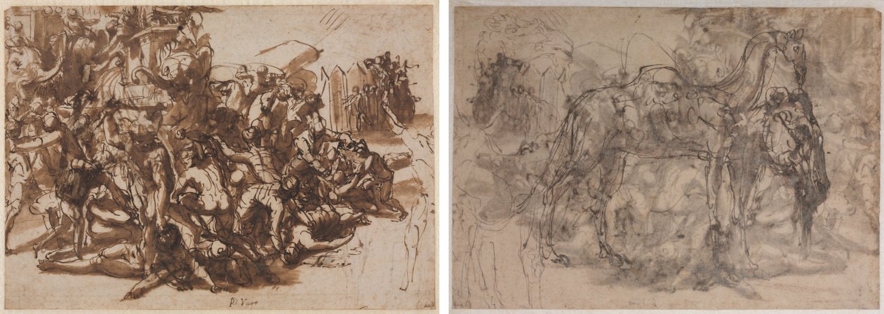 被马其顿军队袭击的波罗斯（正面）；动物素描（背面） 作者 佩里诺·德尔·瓦加（Perino del Vaga）