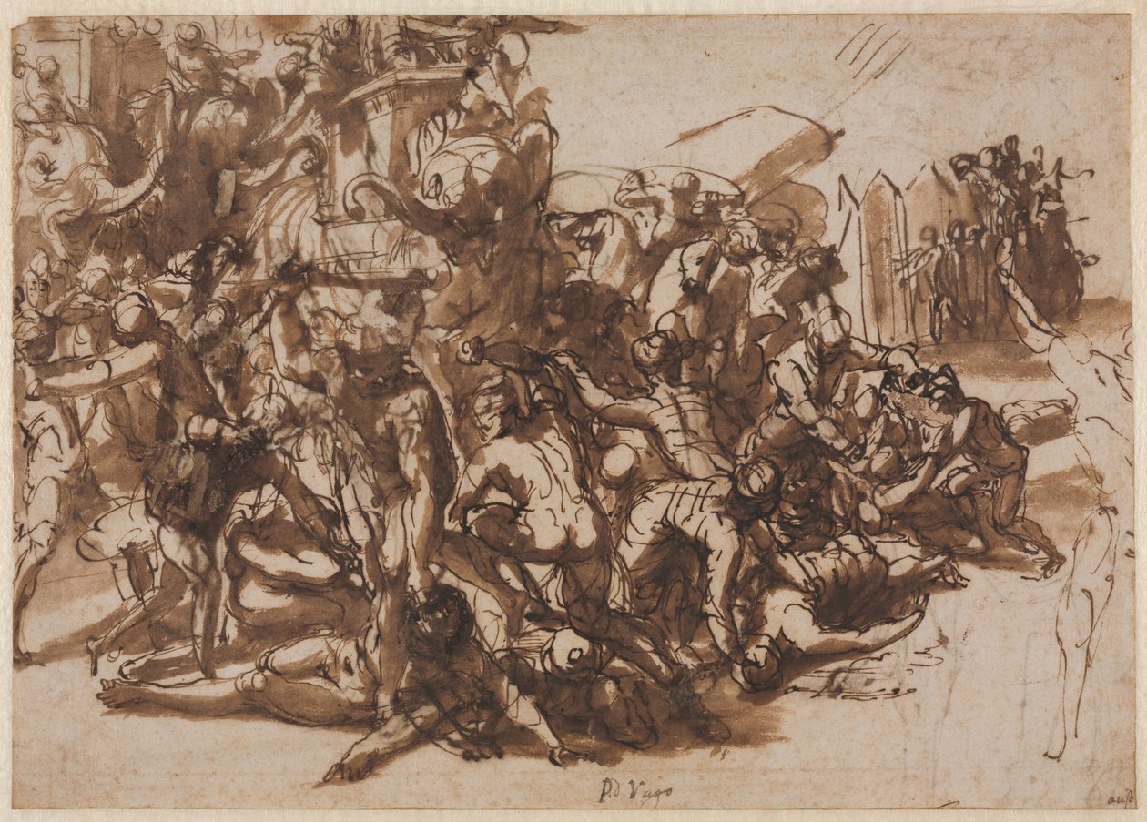 波罗斯（Poros）被马其顿军队（Madeonian Army）直击，《动物素描》（Sketch of Animals verso）c。 154547。 作者 佩里诺·德尔·瓦加（Perino del Vaga）