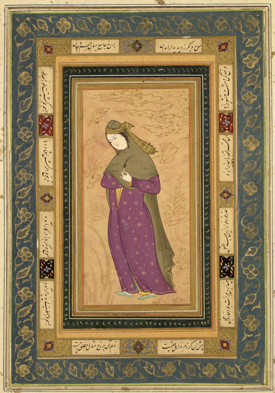 拿着aigrette的女孩，从大Clive册页，c.1620-30 作者 波斯学校