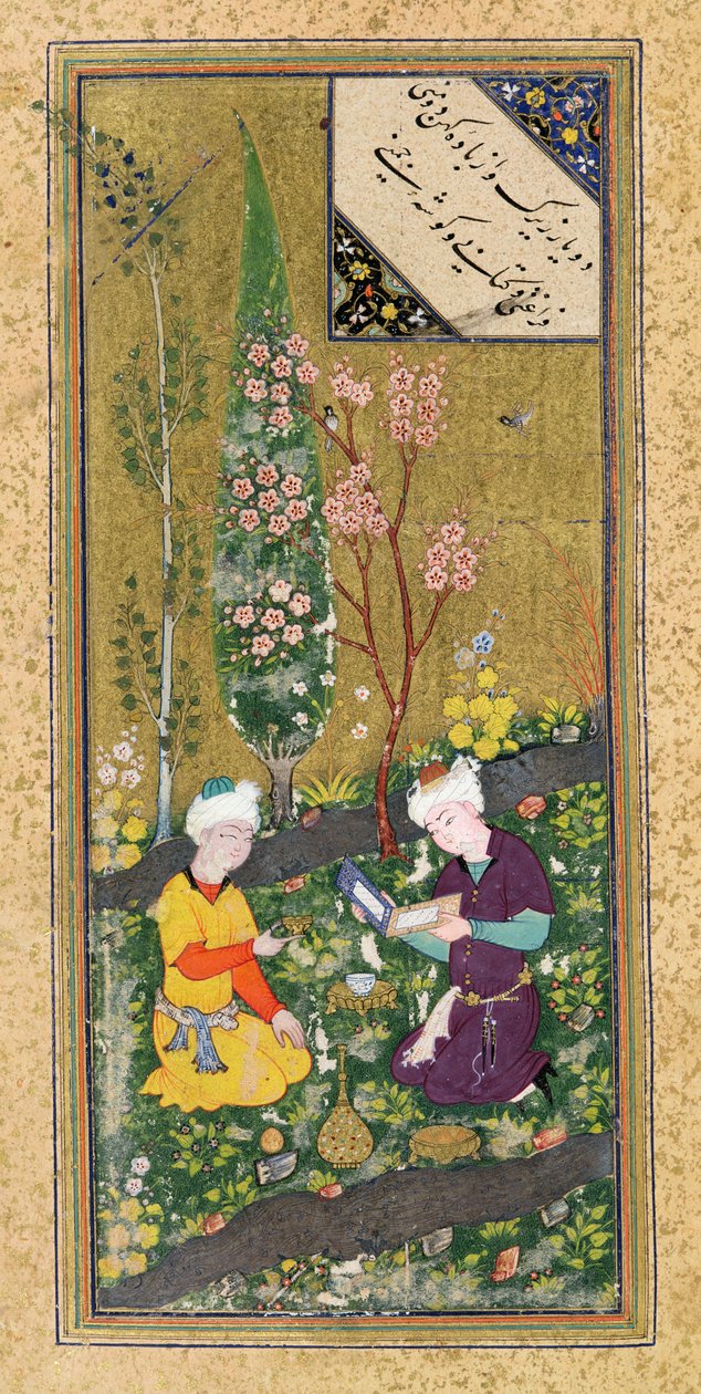C-860女士fol.9a两个人物在果园阅读和放松，c.1540-50 作者 波斯学校