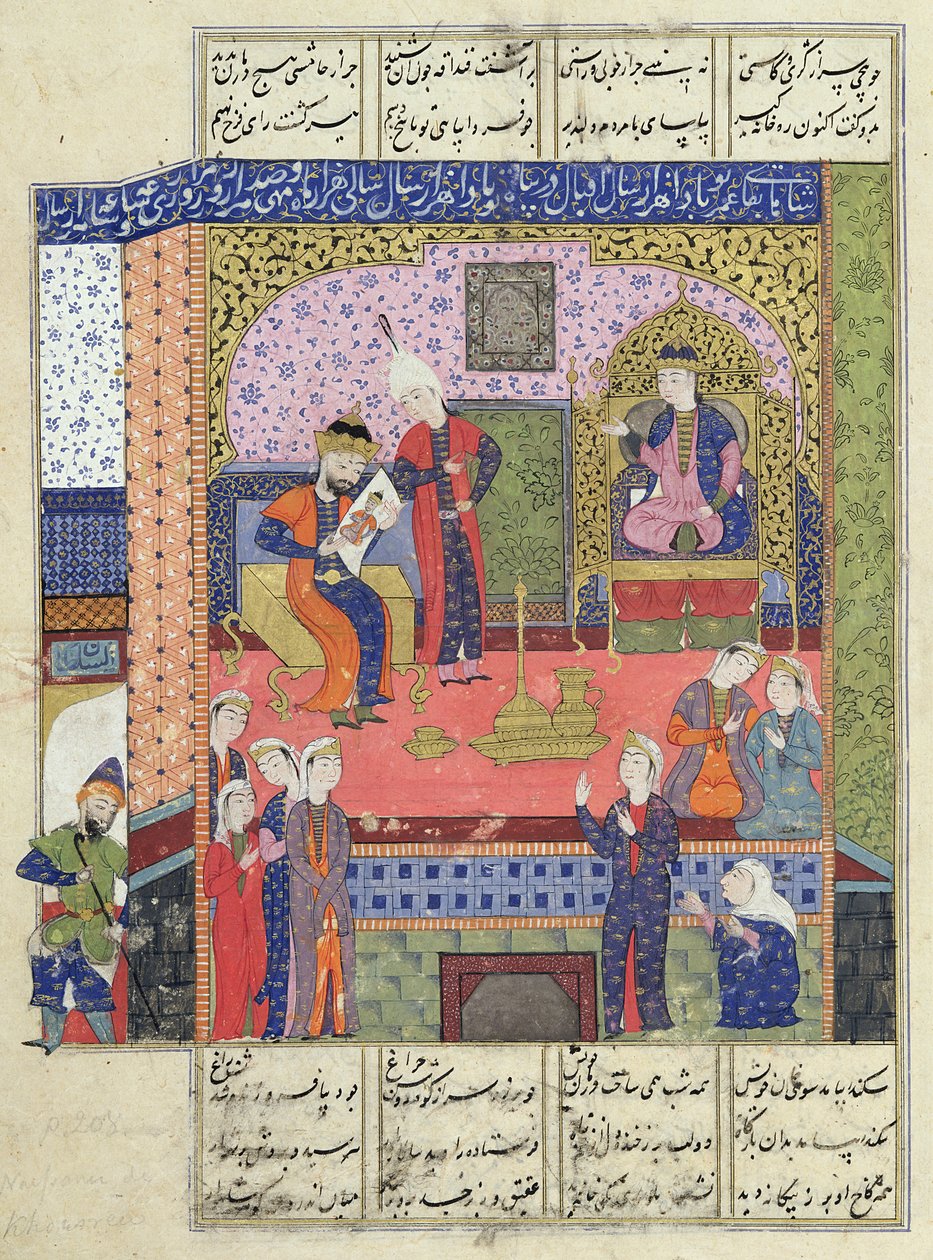 D-184女士fol.381a波斯王宫的内部，来自&39;Shahnama&39;（国王之书）的插图，作者：Abu&39;l-Qasim Manur Firdawsi（c.934-c.1020）c.1510-40 作者 波斯学校