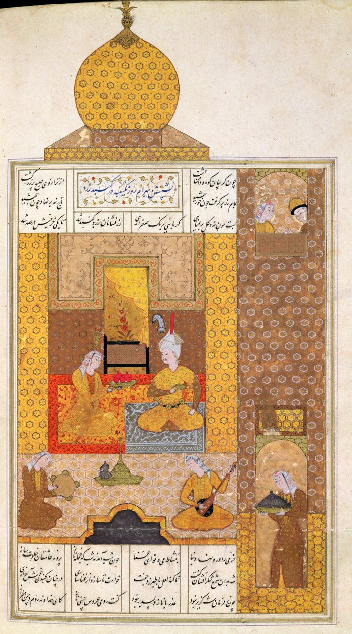 D-212女士，邮件：205b Bahram（420-28）访问土耳其斯坦公主，插图为七公主，1199年，作者：Elias Nezami（1140-1209）c.1550 作者 波斯学校