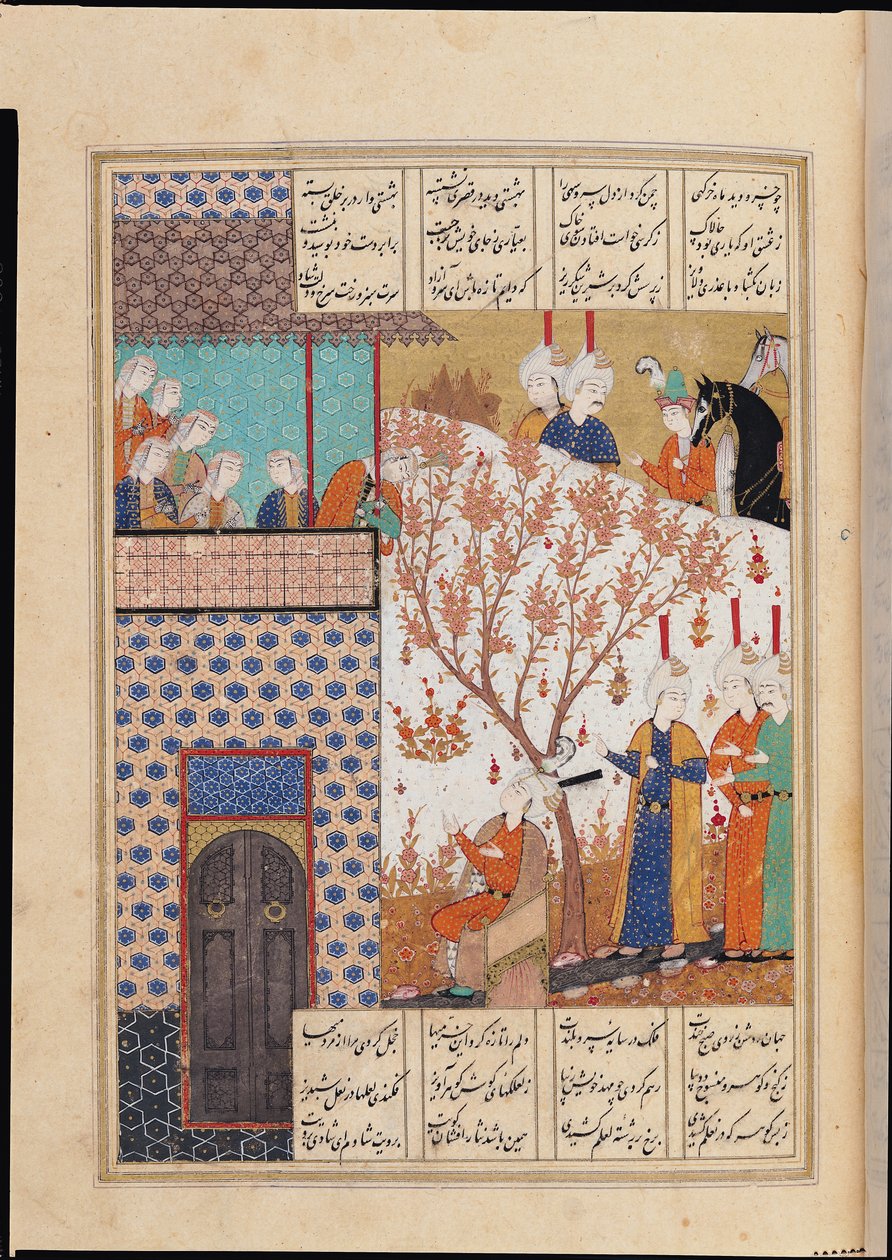 在Shirin宫前的D-212 fol.91a Khosro女士，插图为&39;Khosro and Shirin&39;，1176，作者：Elias Nezami（1140-1209）c.1550 作者 波斯学校
