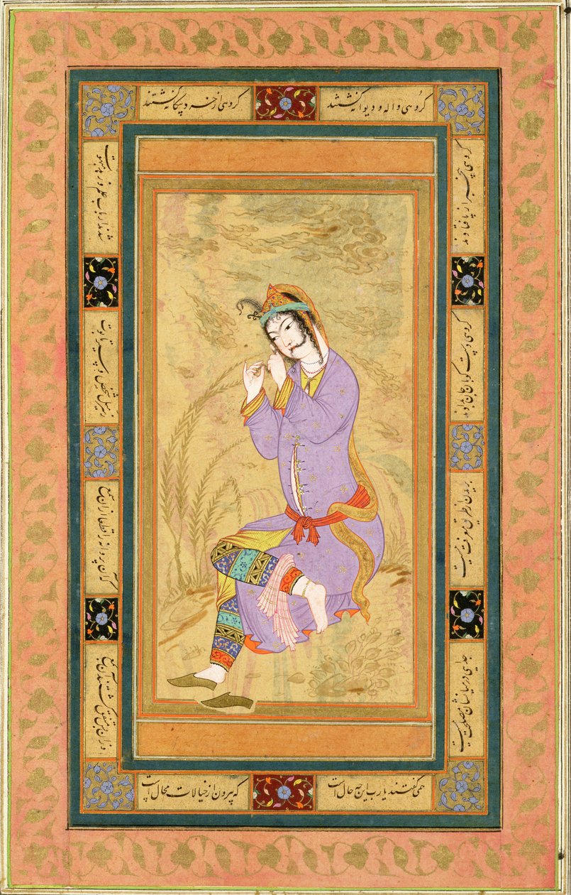 坐着的女孩将她的头发卷曲成卷发，来自Big Clive Album，c.1600-10 作者 波斯学校