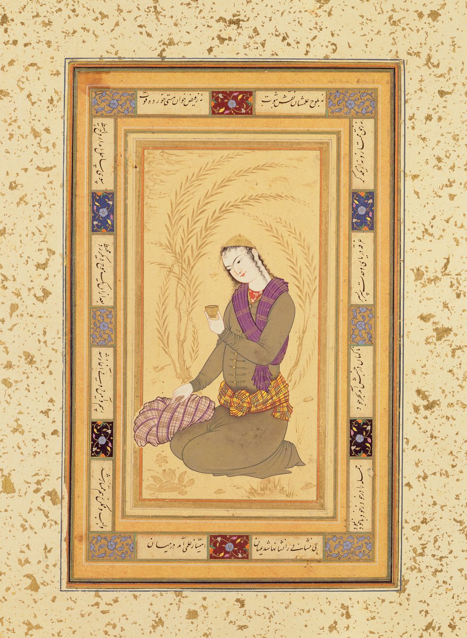坐着的青少年捧着一杯，来自大克莱夫专辑，c.1610-20 作者 波斯学校