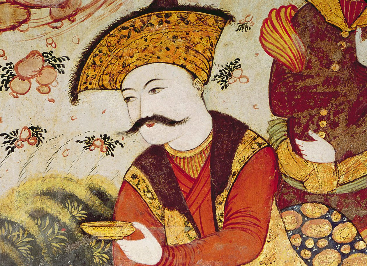 Shah Abbas I（1588-1629）和一名提供水果和饮料的Courtier（155563的细节显示了Shah的头部） 作者 波斯学校
