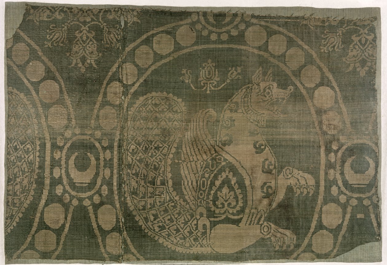 显示Senmurv，Sassanian王朝（226-651）（纺织品）的丝绸片段 作者 波斯学校