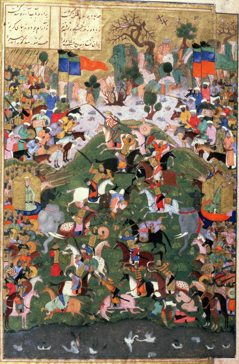 国际象棋的起源：Gaw和Talhand之间的战斗，来自Shahnama（国王之书）的插图，由Abul-Qasim Manur Firdawsi（c.934-c.1020）c.1440-45（笔，墨水和wc在牛皮纸上） 作者 波斯学校