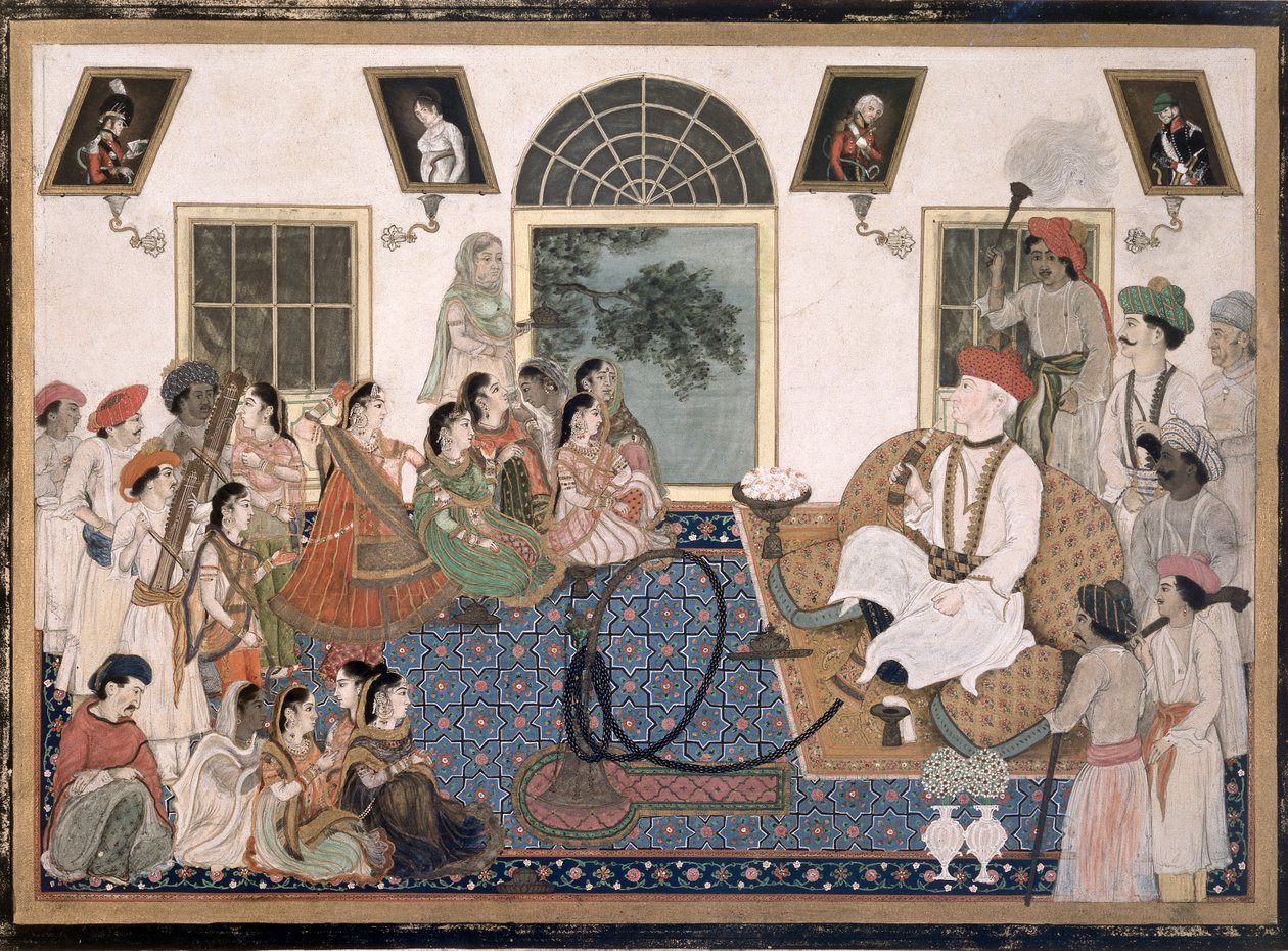 一位身着印度服饰的欧洲人，可能是戴维-奥克特隆尼爵士（1758-1825 年），在德里的家中抽着水烟，看着 nautch，约 1820 年（纸本水墨彩色画） 作者 波斯学校