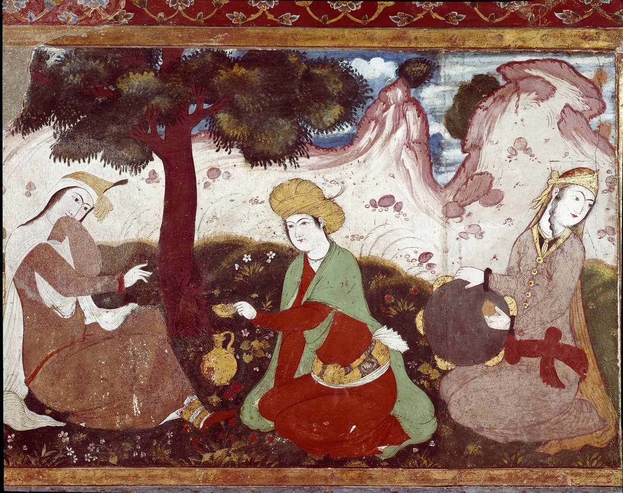 一位波斯公主和她的妓女在 17 世纪的花园里。 伊朗伊斯法罕 (Isfahan or Espahan, Esfahan) 40 柱宫 (Chehel Sotoun) 的壁画。 作者 波斯学校