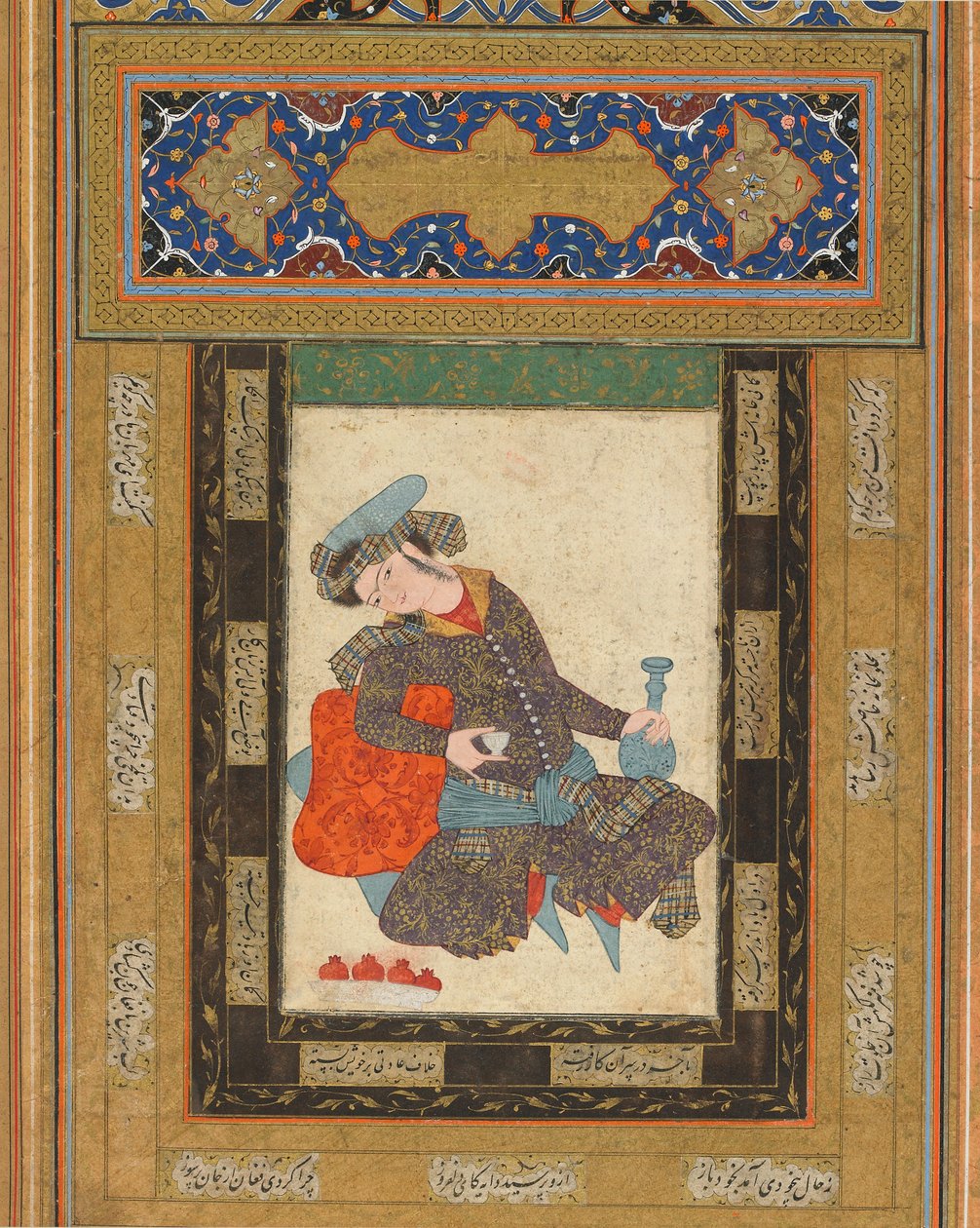 一个斜倚的青年，伊朗，萨法维时期，c.1600-10（不透明的水彩，墨水和黄金在纸上） 作者 波斯学校