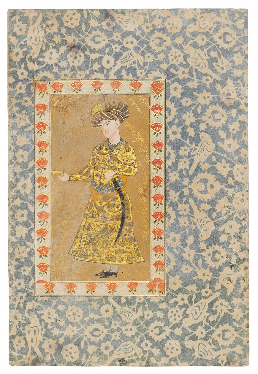 一位拿着酒杯的青年，萨法维德·伊斯法罕（Safavid Isfahan）（不透明的颜料，在纸上用金色增色） 作者 波斯学校