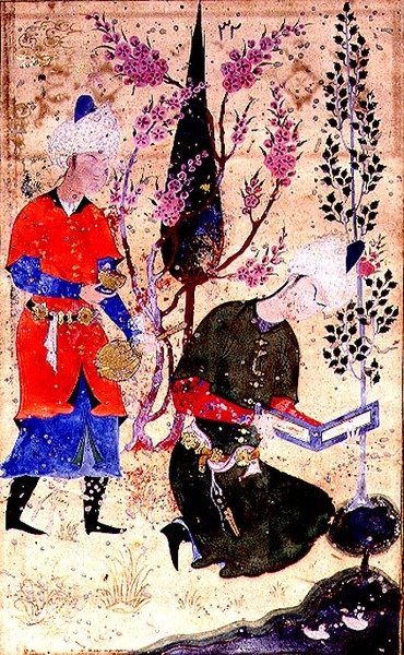 一个坐着的王子在读书，一个仆人在端酒，出自Tohfat Al-Ahrar，Bokhara学校 作者 波斯学校