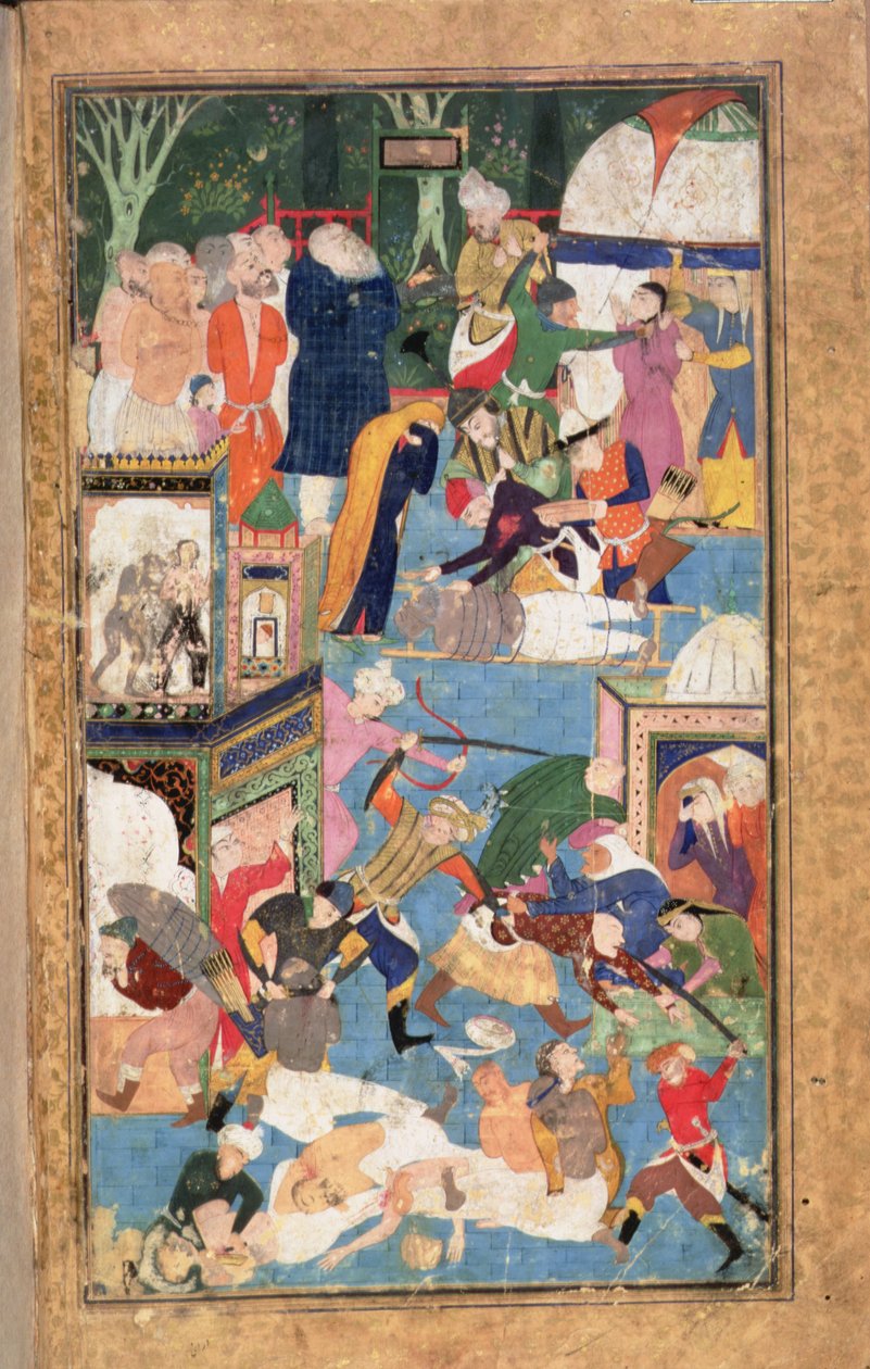 Add 22703 fol.52v 1387 年伊斯法罕被攻陷，展示了帖木儿军队的抢劫、掠夺和谋杀。 作者 波斯学校