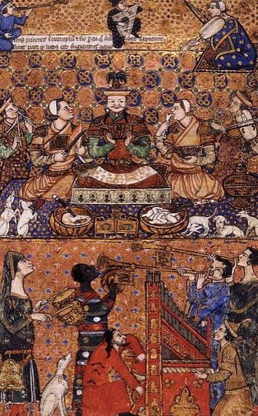 Add 27696 f.13 统治者与侍从和乐师的宝座，写于热那亚，14 世纪晚期 作者 波斯学校