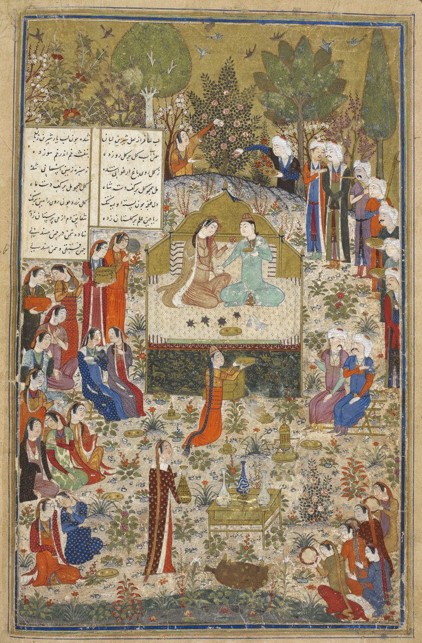 添加 Ms 18113 f.406 Humay 和 Humayun，被随从簇拥的恋人，选自基尔马尼的 "三首诗"，巴格达 作者 波斯学校