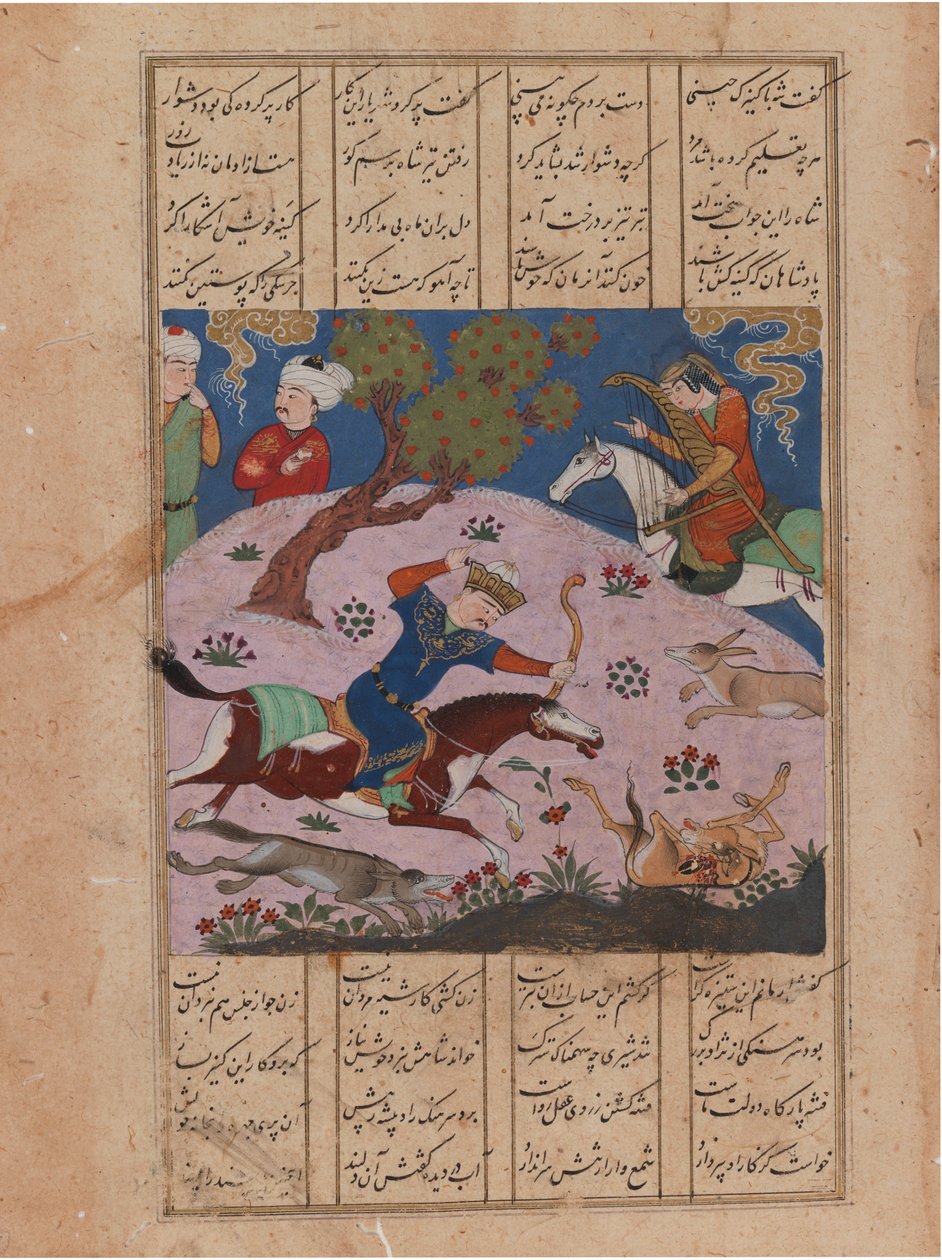 Baahram Gur狩猎，来自Nizami Khamseh的作品集（墨水和不透明的纸张） 作者 波斯学校