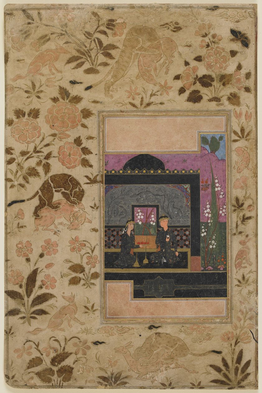 巴赫兰·古尔（Bahram Gur）和黑亭子中的公主，约1590年（纸上不透明的水彩，墨水和金色） 作者 波斯学校