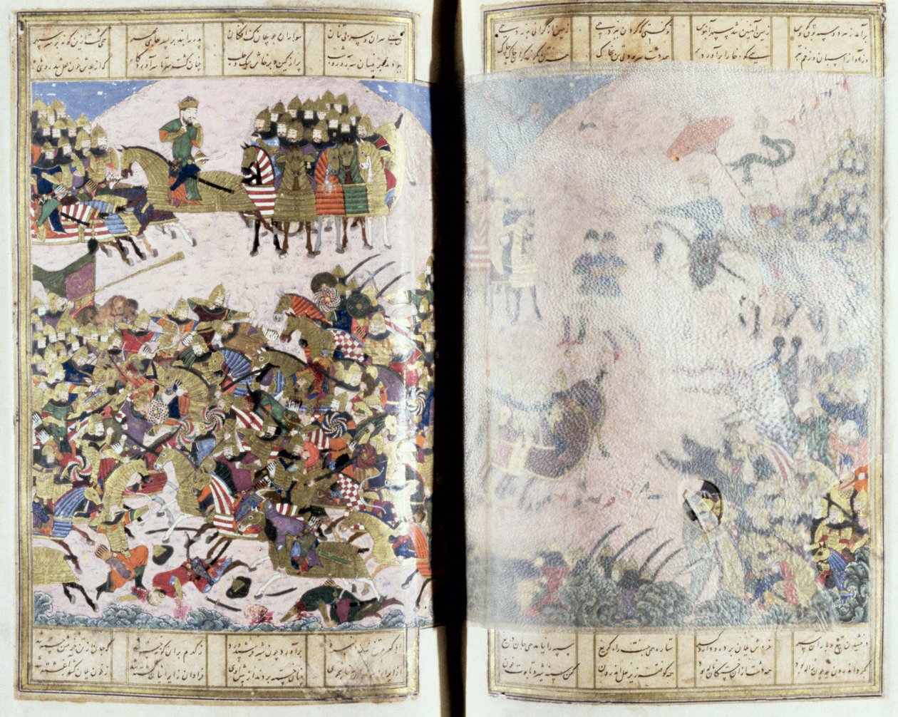 Isfandiyar和Arjasp之间的战争，来自Shahnama（国王之书）的插图，由Abul-Qasim Manur Firdawsi（c.934-c.1020）c.1440-45（笔，墨水和wc在牛皮纸上） 作者 波斯学校