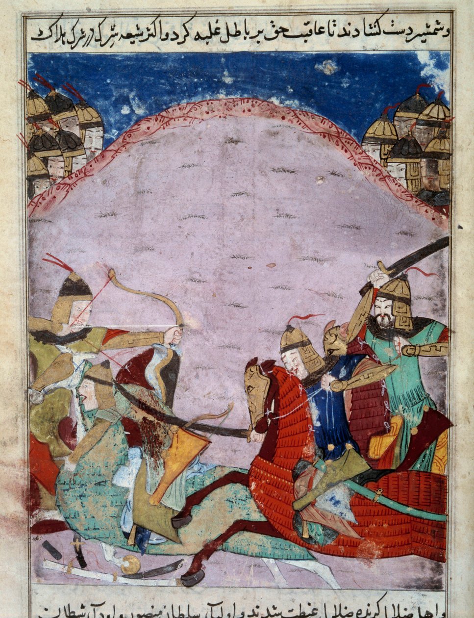 蒙古人和格鲁吉亚人之间的战斗。 格鲁吉亚人正在逃跑。 1430 年左右的波斯微型图。巴黎，B.N. 作者 波斯学校
