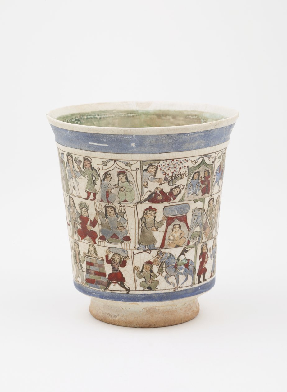 描绘“ Shahnama”的烧杯，伊朗喀山，Saljuq时期，十二世纪末（釉下和釉上涂有搪瓷的石浆） 作者 波斯学校