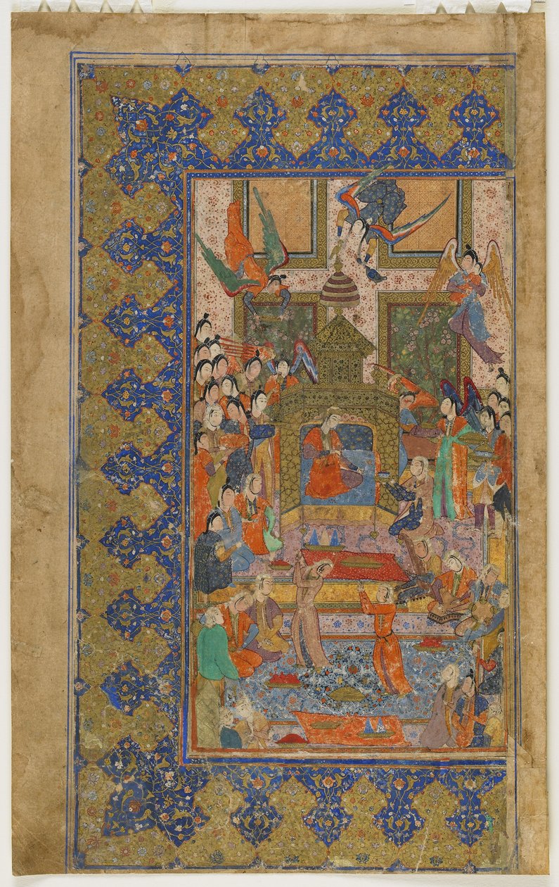 毕尔基斯（Bilqis）从约瑟夫（Quintet）诞于约1560年（纸上不透明的水彩，墨水和金色） 作者 波斯学校