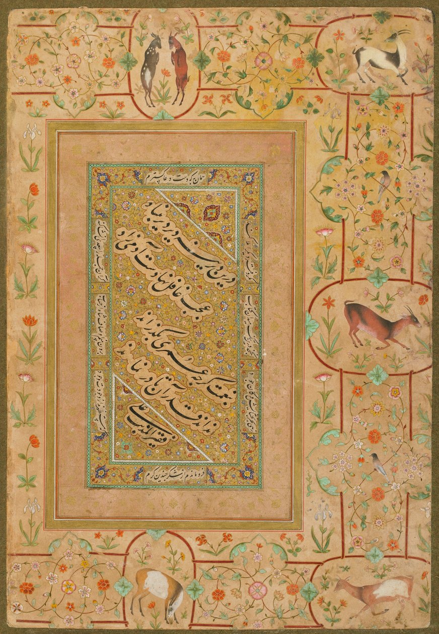 来自伊朗Shahjahan专辑的书法，c.1640-50（不透明的水彩画和纸上的黄金） 作者 波斯学校