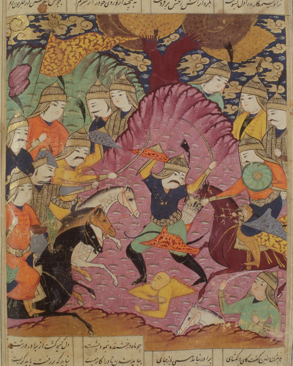 在Bahrama和Tazaw之间的战斗，来自Shahnama（国王之书）的插图由Abul-Qasim Manur Firdawsi（c.934-c.1020）1619 作者 波斯学校