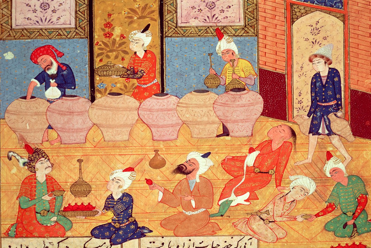 Fol.33v，与音乐家的宴会细节，来自Hafiz Shirazi的诗集（c.1325-c.1388）1554 作者 波斯学校