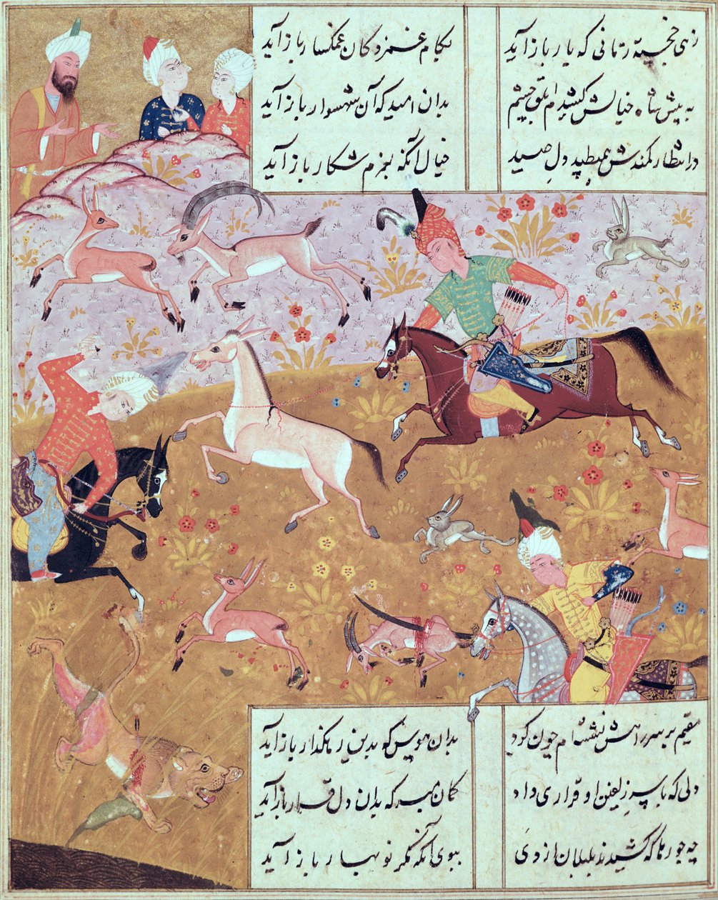 Fol.65r The Royal Hunt，来自Hafiz Shirazi的诗集（c.1325-c.1388）（纸上水粉） 作者 波斯学校