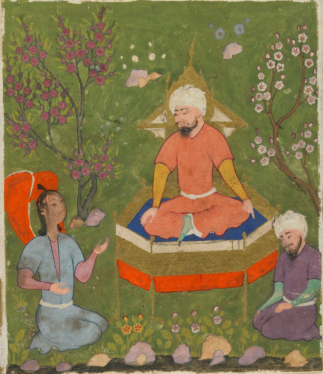 来自al-Qazwini的Ajaib al-Makhluqat（创造奇迹）的作品集;正面：Haloed Figure Enthroned，Qazwin，Iran，c.1590-1600（不透明的水彩，墨水和金在纸上） 作者 波斯学校