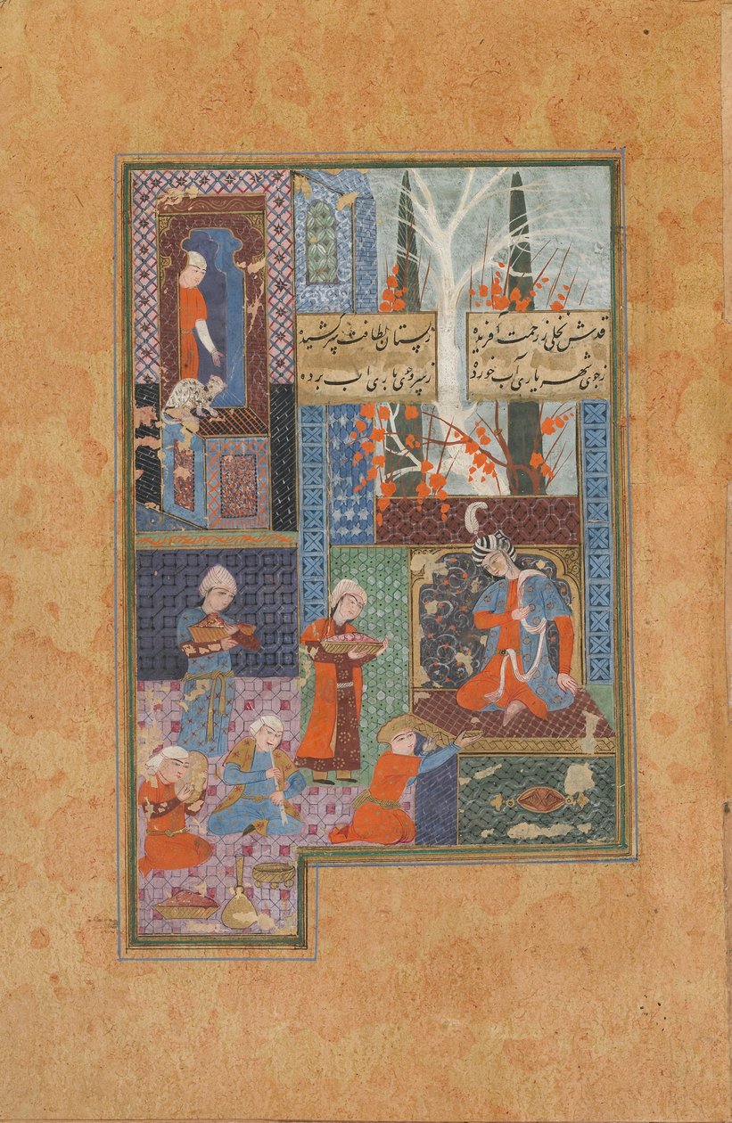 来自雅米的诗歌（收集的诗歌）由雅米（d.1492）;王子和服务员（不透明的水彩，墨水和金纸） 作者 波斯学校