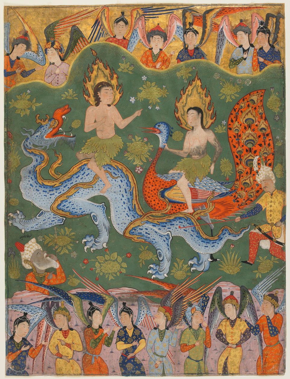 Falnama的作品集（Omen Book）;反对：驱逐亚当和夏娃，加兹温，伊朗，萨法维时期，1550年代中期（不透明的水彩，墨水和金纸） 作者 波斯学校