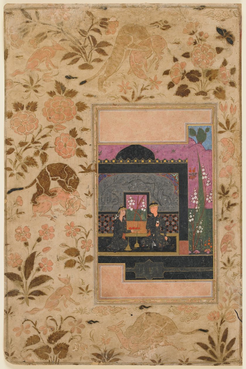 来自Haft paykar的Folio; Bahram Gur和公主在黑色亭子，Qazwin，伊朗，c，1590（不透明的水彩，墨水和金在纸上） 作者 波斯学校