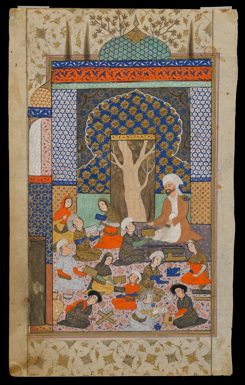 Nizami的Khamsa（五重奏）的Folio;正面：Layla和Majnun在学校，伊朗，萨法维时期，c.1600-10（不透明的水彩，墨水和金在纸上） 作者 波斯学校