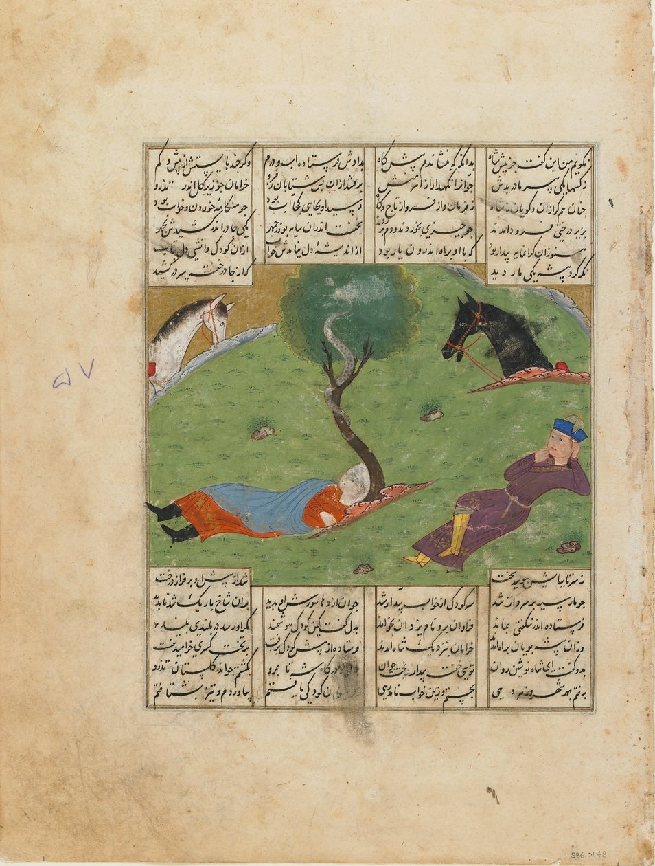 来自Firdawsi的Shahnama（国王之书）的Folio（第1020页）;正面：Nushirwans Dream，伊朗，c.1440（不透明的水彩，墨水和纸上的金色） 作者 波斯学校