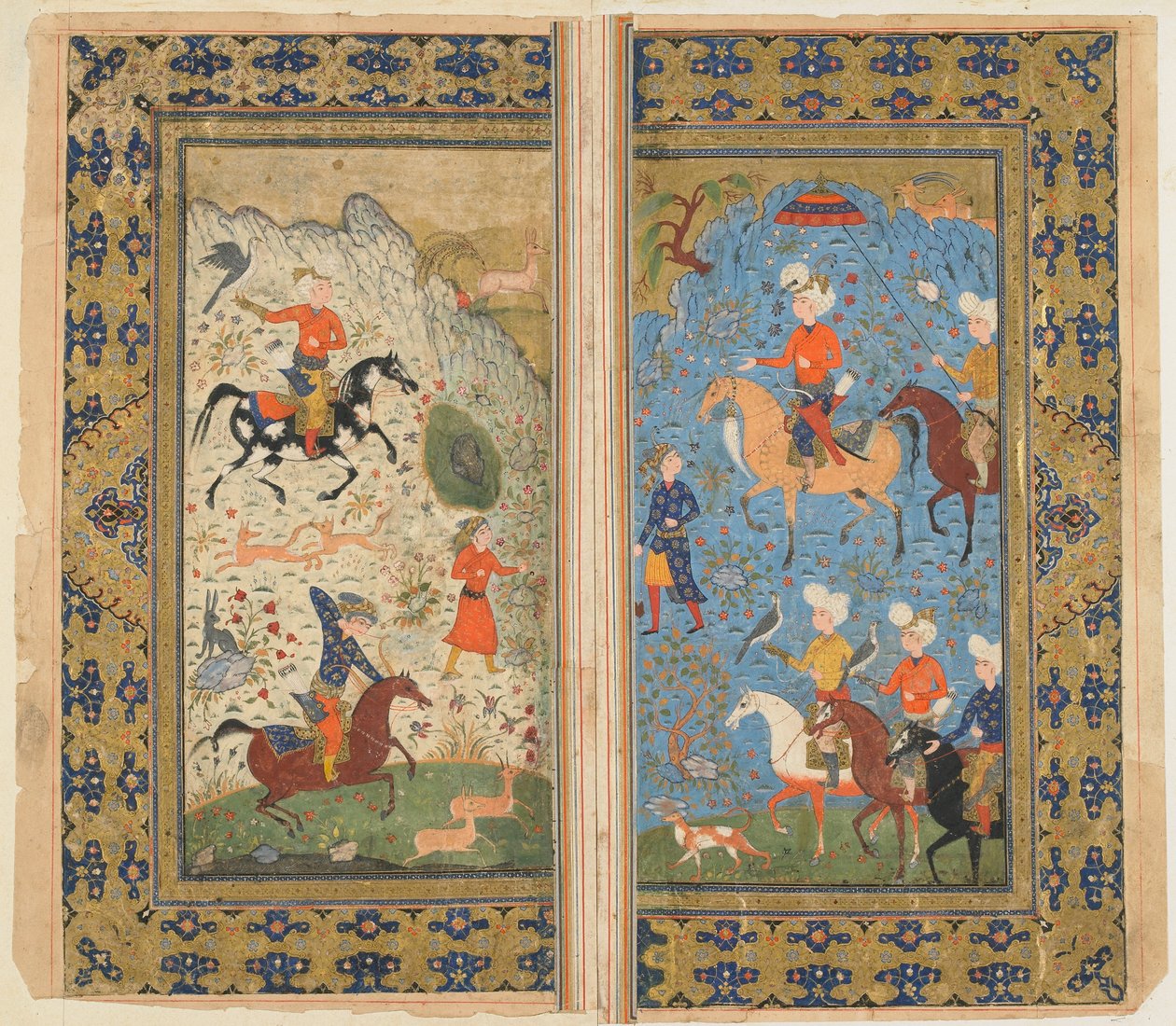 来自Firdawsi的Shahnama（国王书）的Folio;皇家狩猎，伊朗，1590-1600（不透明的水彩，墨水和黄金在纸上） 作者 波斯学校