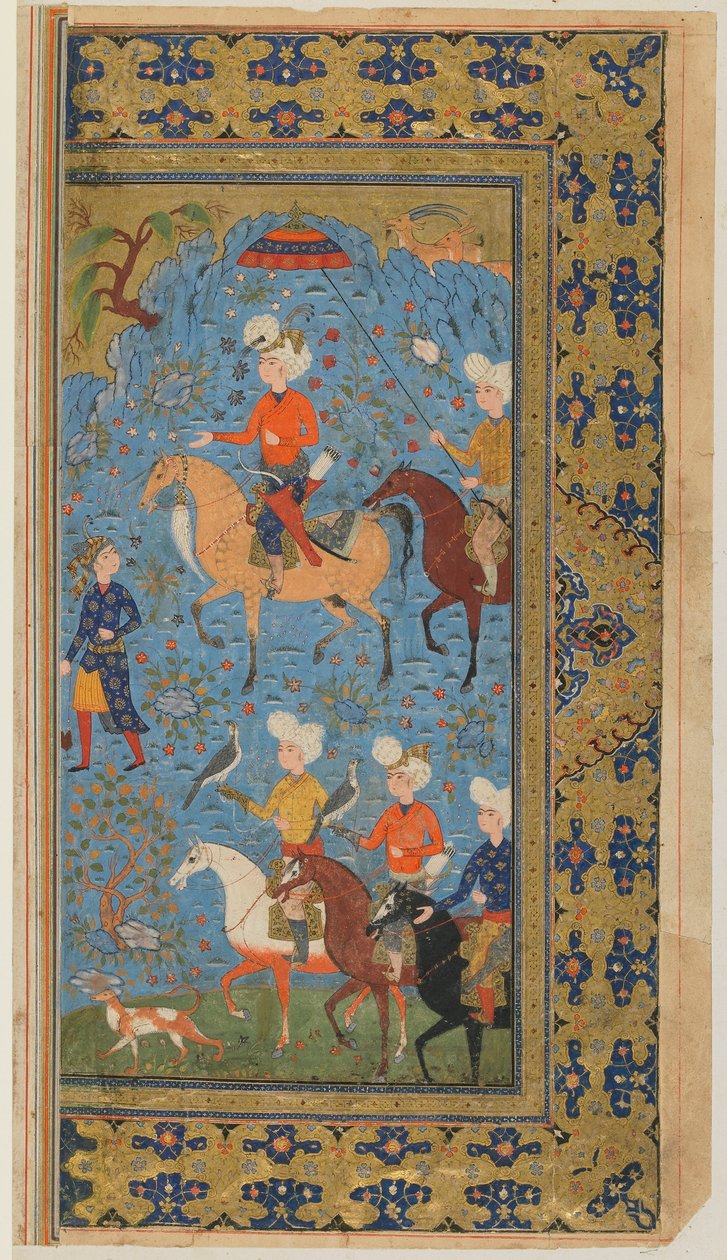 来自Firdawsi的Shahnama（国王书）的Folio;皇家狩猎，伊朗，1590-1600（不透明的水彩，墨水和黄金在纸上） 作者 波斯学校