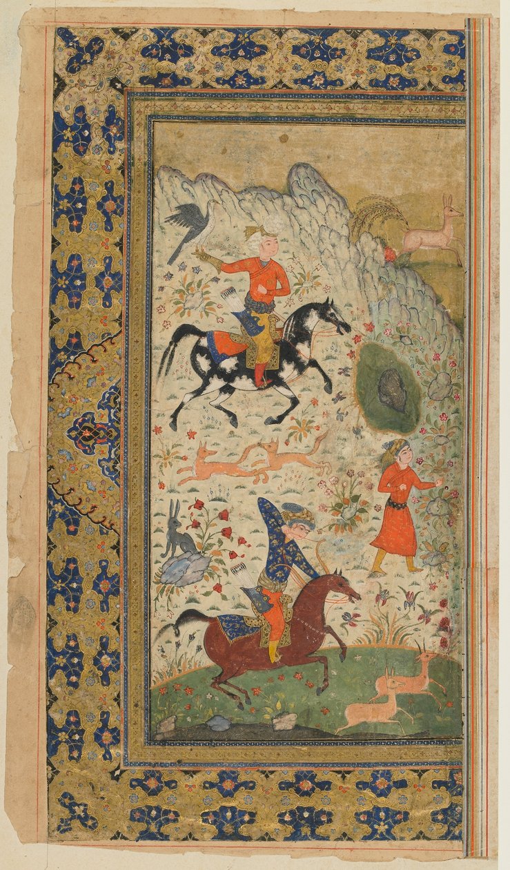 来自Firdawsi的Shahnama（国王书）的Folio;皇家狩猎，伊朗，1590-1600（不透明的水彩，墨水和黄金在纸上） 作者 波斯学校