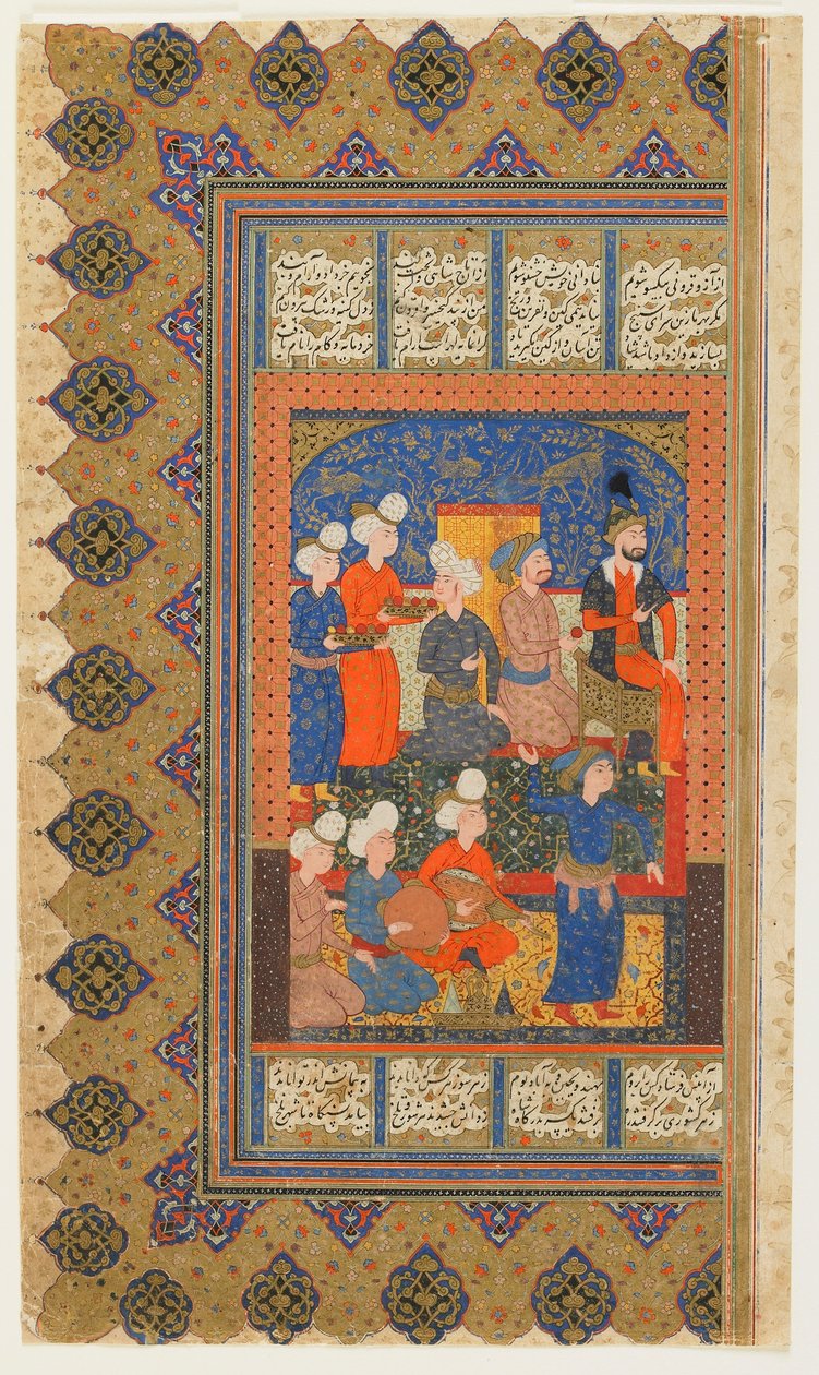 来自Firdawsi的Shahnama（国王书）的Folio;正面：Luhrasp Enthroned，伊朗，1590-1600（不透明的水彩，墨水和金在纸上） 作者 波斯学校
