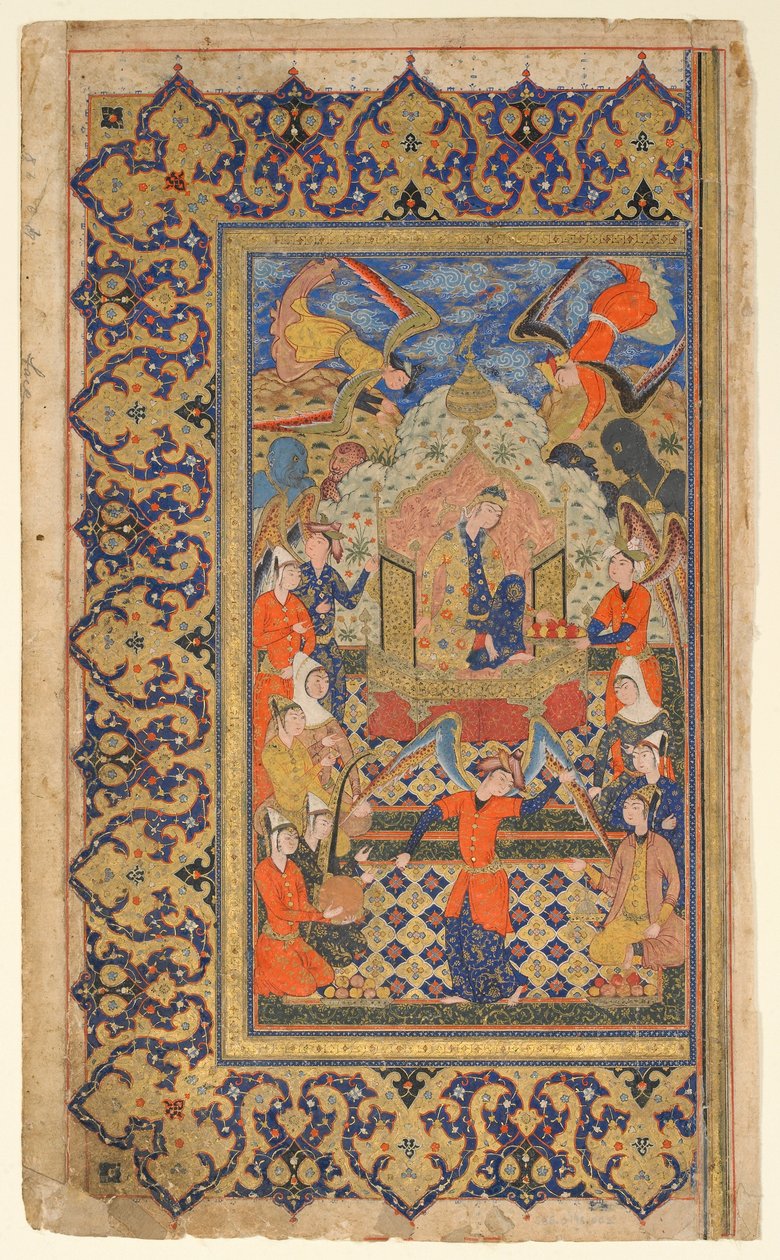 来自Firdawsi的Shahnama（国王之书）的Folio;正面：Bilqis Enthroned;反面：序言，设拉子，法尔斯，伊朗，萨法维时期，1590-1600（不透明的水彩，墨水和纸上的金） 作者 波斯学校