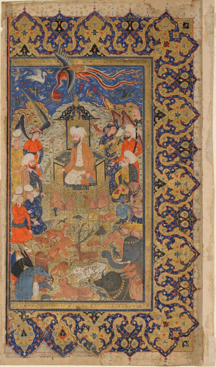 来自Firdawsi的Shahnama（国王之书）的Folio; verso：Sulayman Enthroned，Shiraz，Fars，Iran，Safavid period，c.1590-1600（不透明的水彩，墨水和纸上的金色） 作者 波斯学校